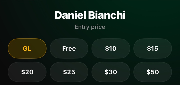 Entry price options for a guest: GL, free, $10 to $50