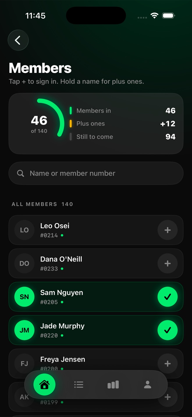 Foyer members screen: 46 of 140 members signed in, with search and member rows